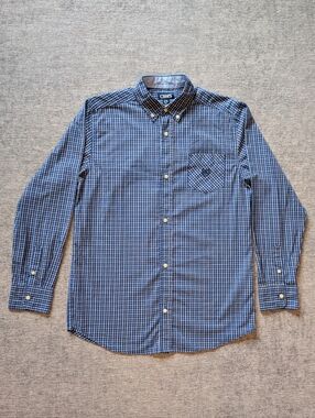 Chaps Boys Button Up Dress Shirt Subtle Plaid Navy Blue Size Large 14-16